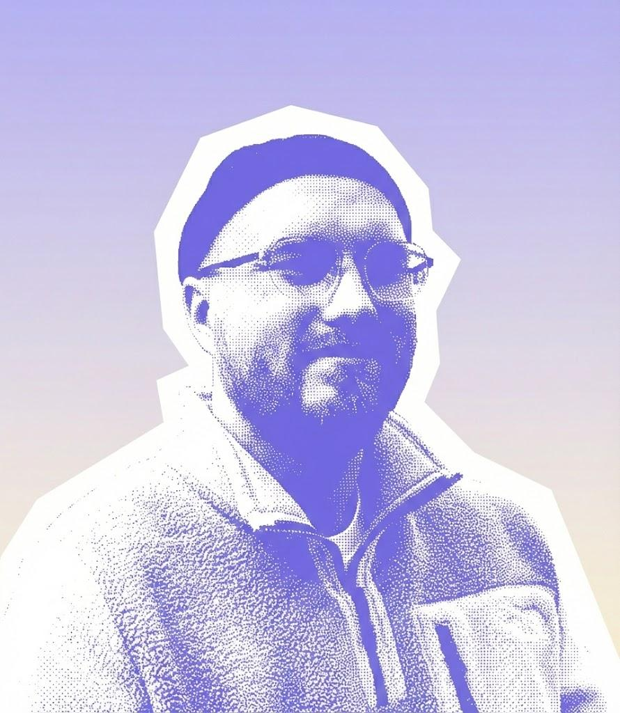 Stylized blue duotone portrait of a woman with long hair facing slightly backward